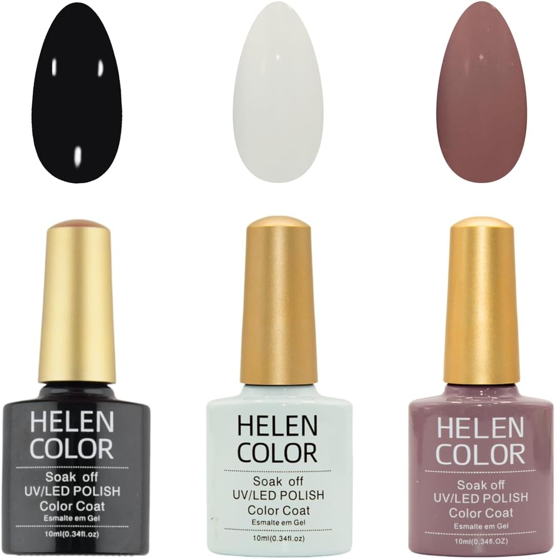 HELEN COLOR Kit 3 Esmaltes em Gel UV/LED 10ml Cada Frasco Secagem Rápida Alta Durabilidade Acabamento Brilhante (Básicos)