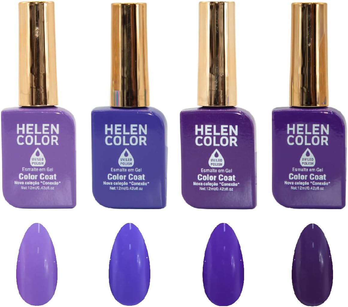 HELEN COLOR Kit 4 Esmaltes em Gel UV/LED, 12ml Cada, Alta Duração, Brilho Intenso, Secagem Rápida, Acabamento Brilhante, 48ml Total (Roxo)